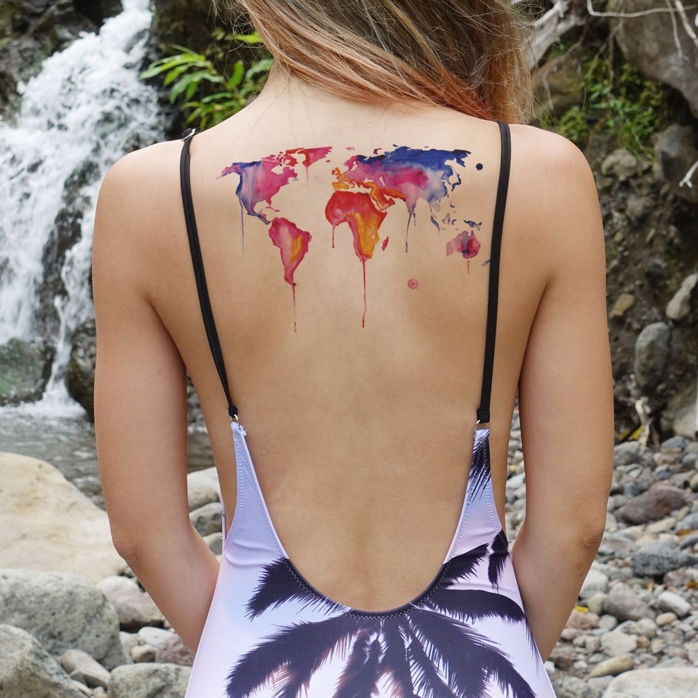 Watercolor World Map Temporary Tattoo